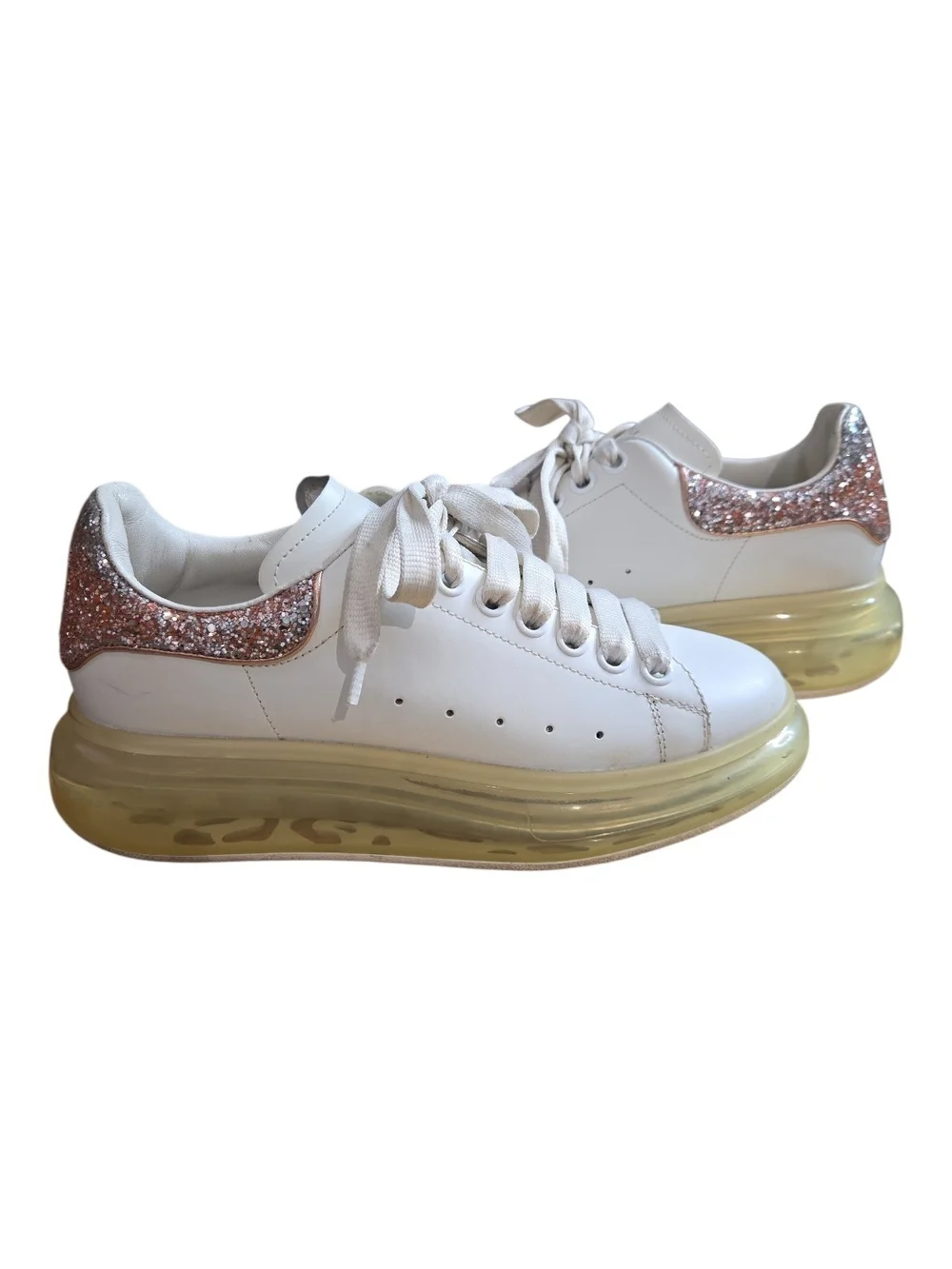 Alexander McQueen Oversized White Leather Glitter Heel Sneakers